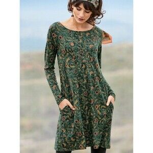 Peruvian Connection Dress L Green Orla Floral Boho Tunic Pima Cotton Modal
